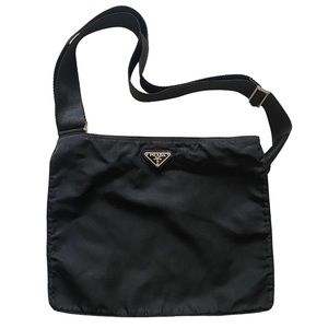 AUTHENTIC PRADA NYLON CROSS-BODY FLAT ZIPPER BAG BLACK, H: 10” X W: 12.25”